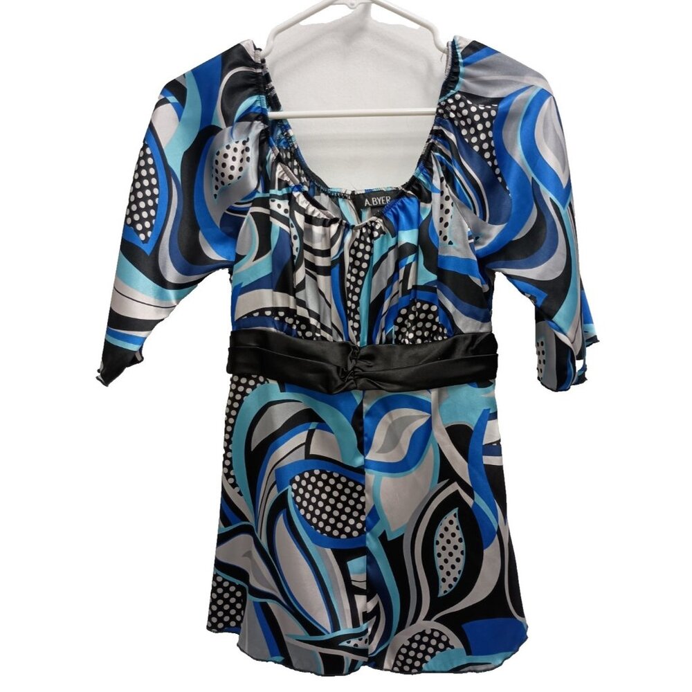 Vintage Y2K A. Byer Womens Babydoll Top Size Medium Blue Abstract Satin‎ Artsy